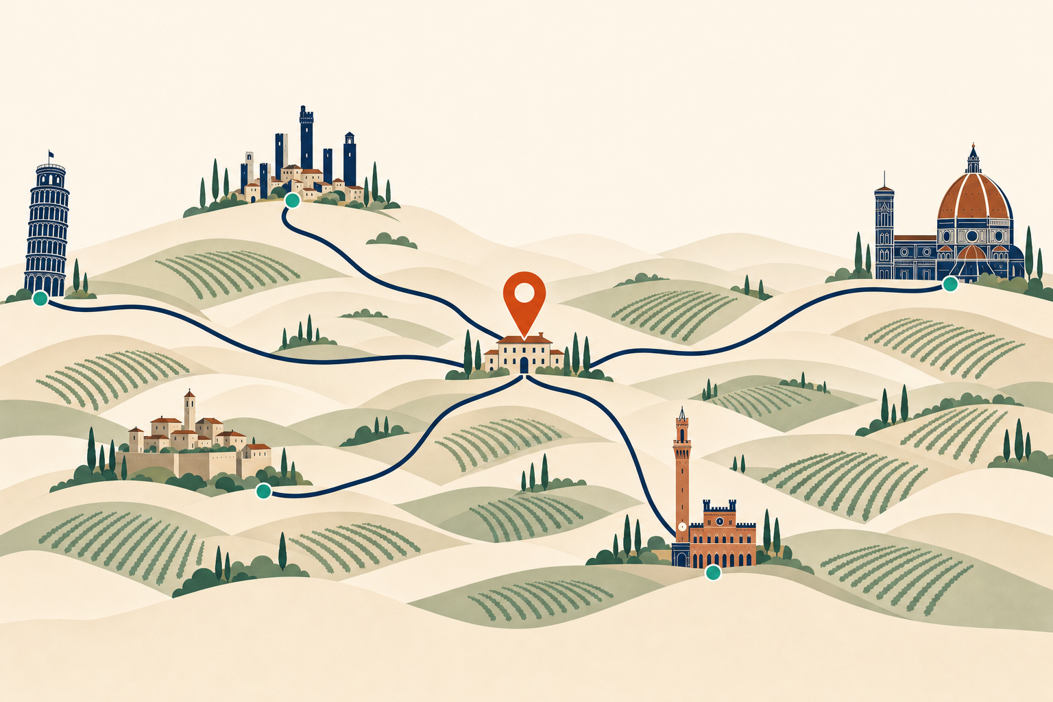 Mappa illustrata della Toscana con Villa Talciona e le destinazioni vicine